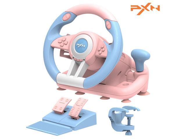 PXN V3 Pro 180 Degree Steering Wheel with Pedals, Vibration Feedback fot for PC, PS3, PS4, Xbox One & Series XS, Nintedno Switch - Blue/Pink PXN