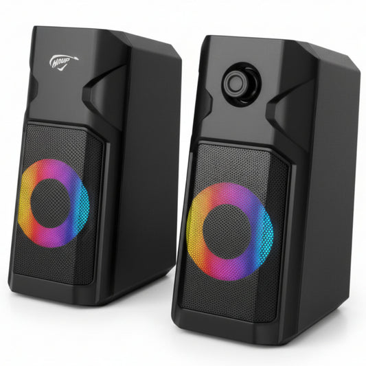 Pair of black speakers with colorful circular designs on a white background