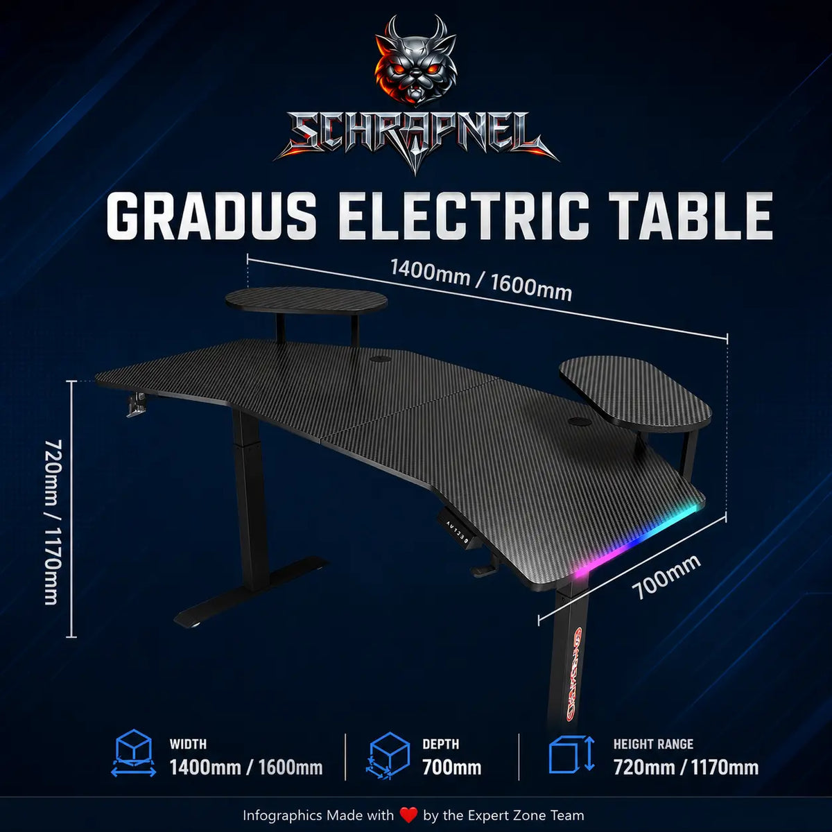 Schrapnel Gradus black electric RGB gaming desk detail view 1