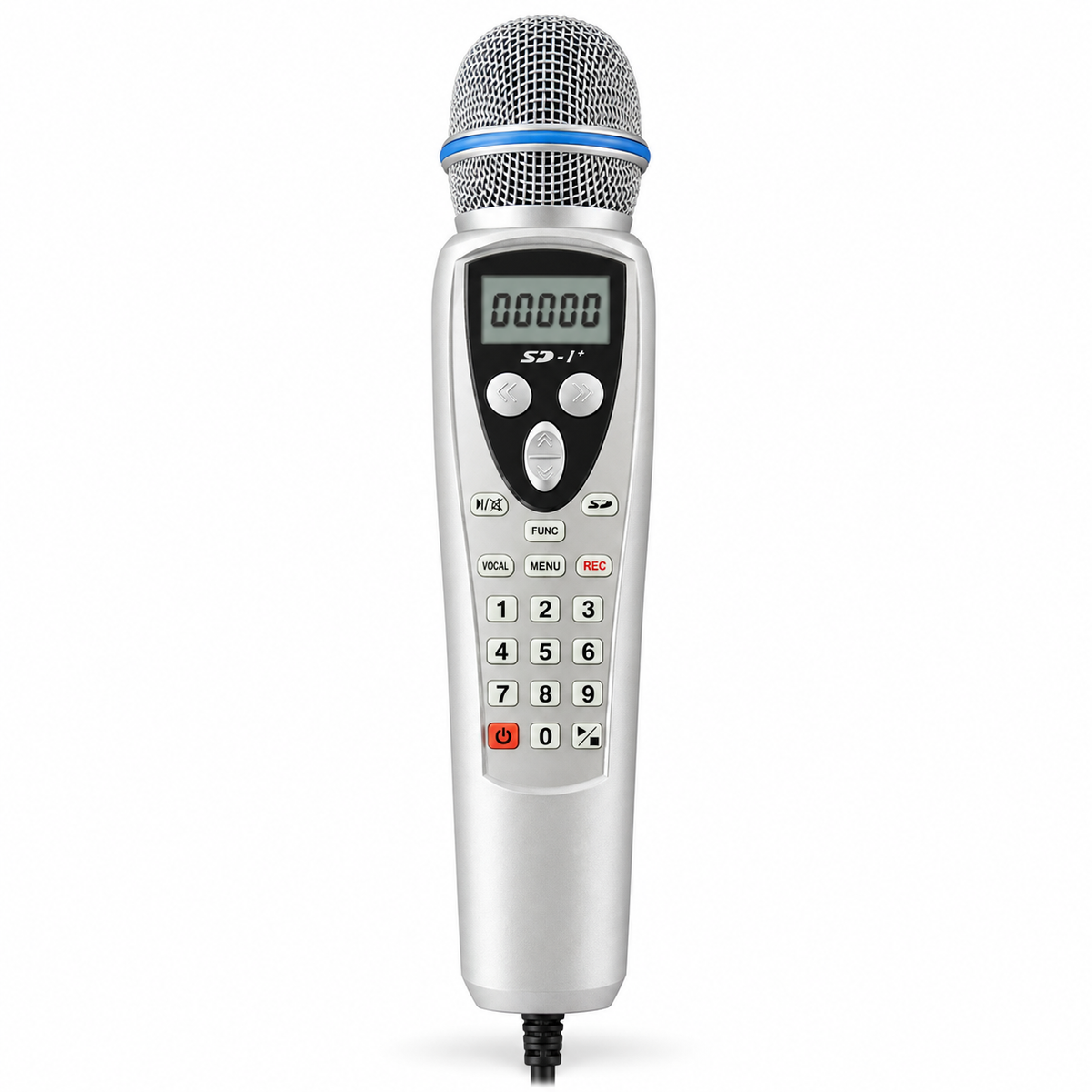 SD1 silver karaoke microphone machine with LCD display, front view
