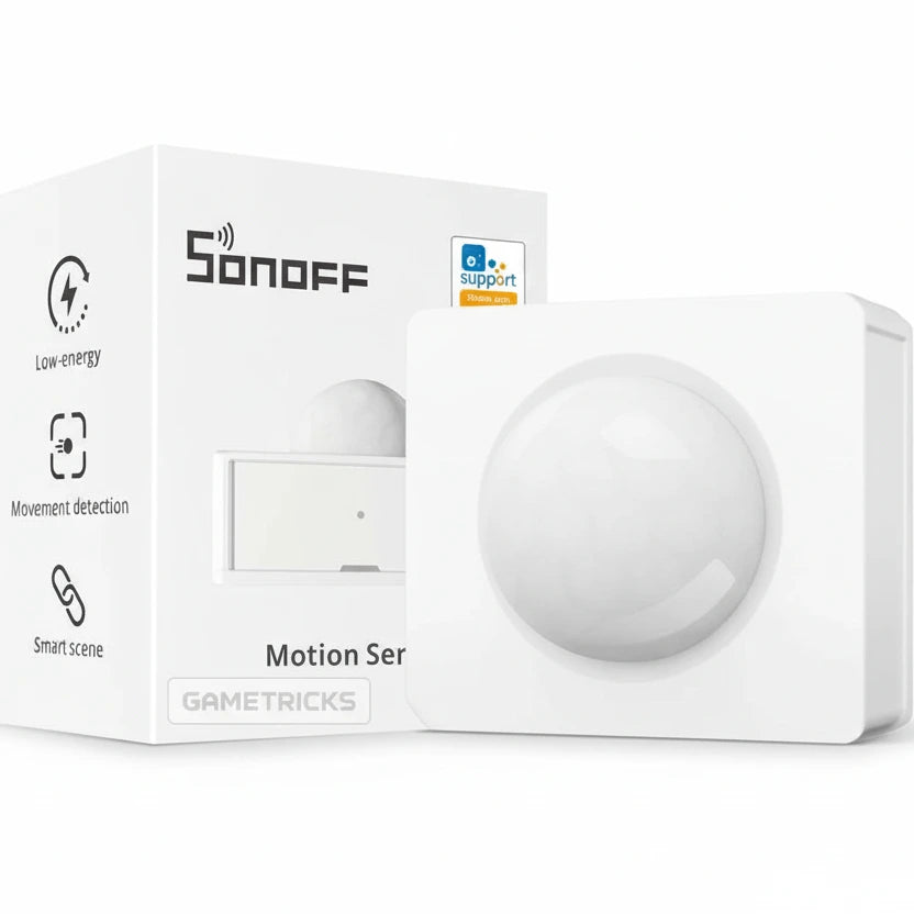 Sonoff motion sensor packaging on a white background