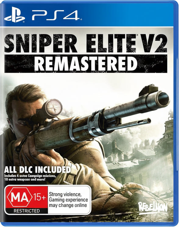 Game box for 'Sniper Elite V2 Remastered' on PS4 with a character holding a rifle.