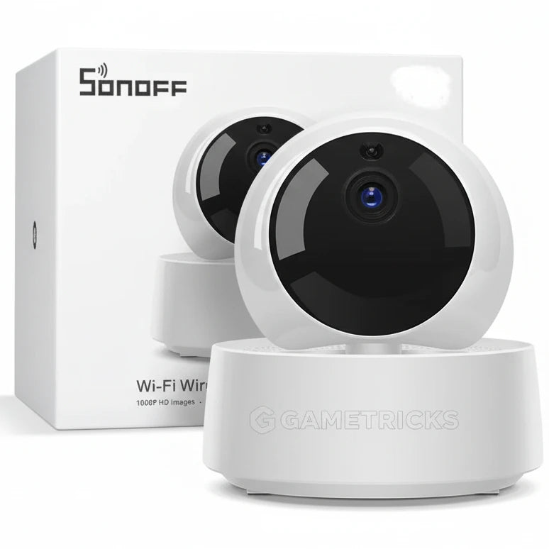 Two Sonoff Wi-Fi cameras with packaging on a white background