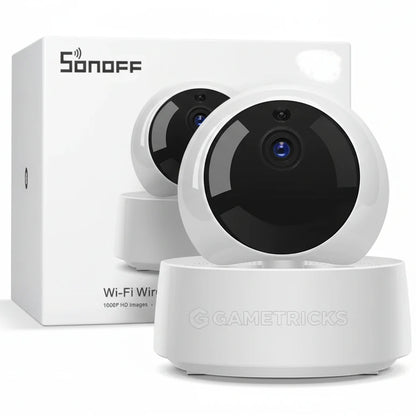 Two Sonoff Wi-Fi cameras with packaging on a white background