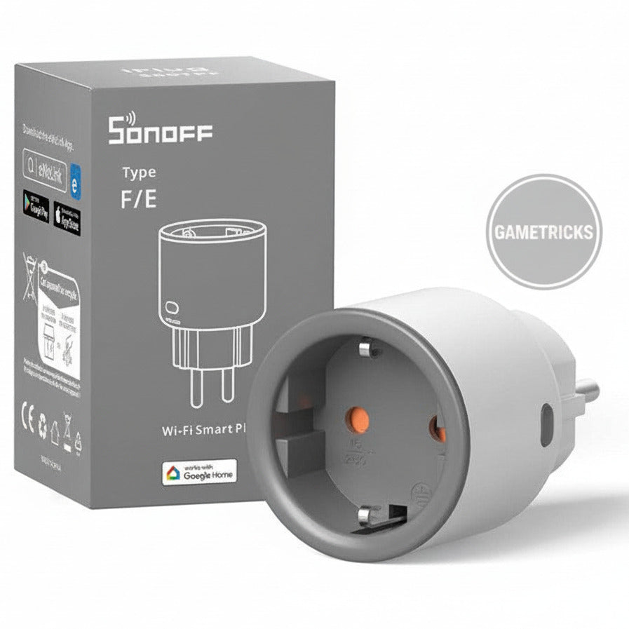 Sonoff Wi-Fi smart plug with packaging on a white background
