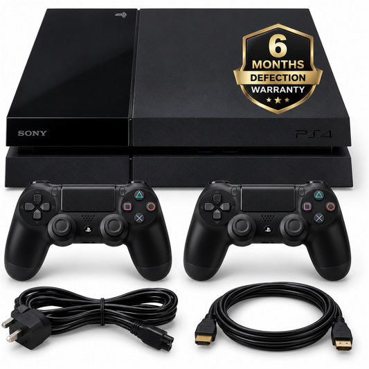 Sony PlayStation 4 PS4 Fat 500GB open box console with two original black controllers, HDMI cable, power cable and 6-month warranty