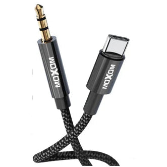 NEXCOM audio cable with 3.5mm and USB-C connectors on a white background