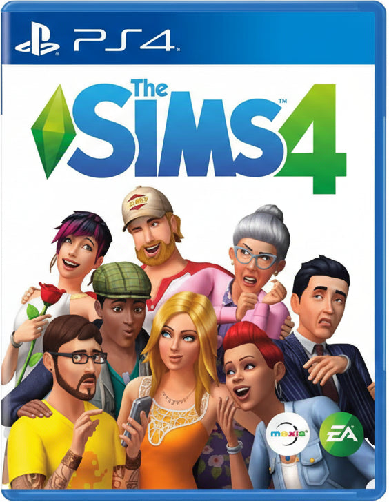 Cover of 'The Sims 4' game for PS4 with character images and EA logo.