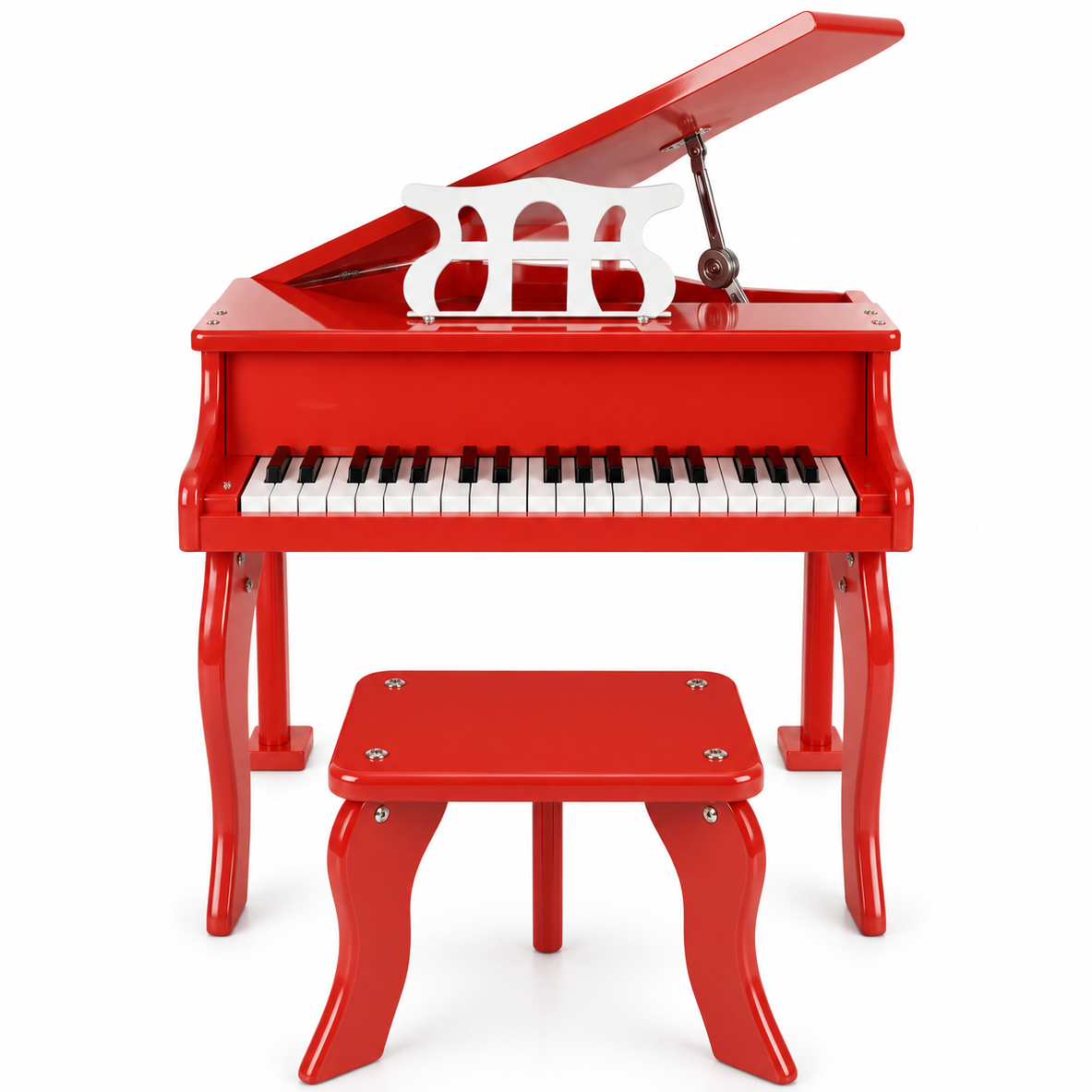 Red 30-key children's toy piano with matching stool, front view.
