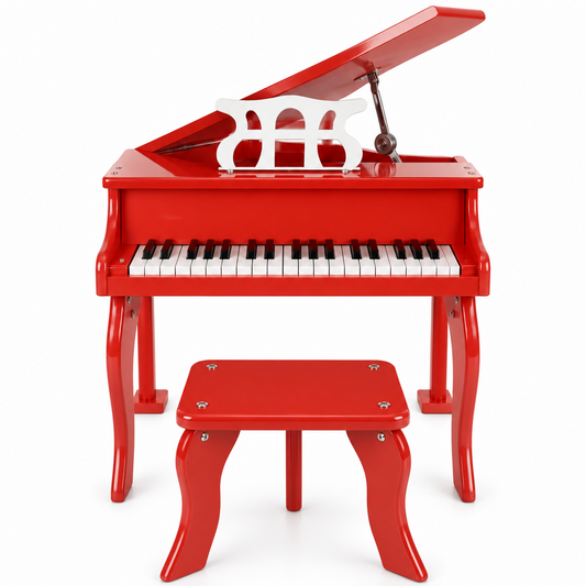 Red 30-key children's toy piano with matching stool, front view.