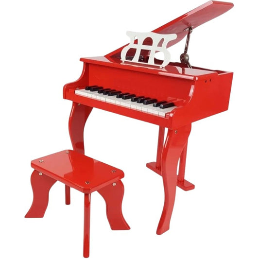 Original supplier photo of red 30-key toy piano and matching stool.
