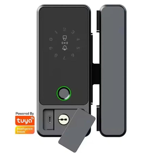Smart door lock with Tuya logo on a white background