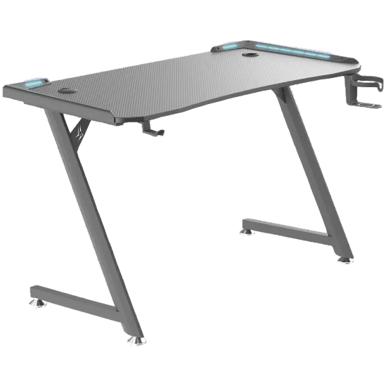 Black RGB gaming desk with Z-shaped legs, cup holder and headset hook