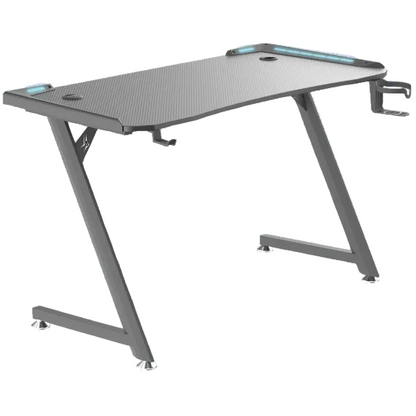Black RGB gaming desk with Z-shaped legs, cup holder and headset hook