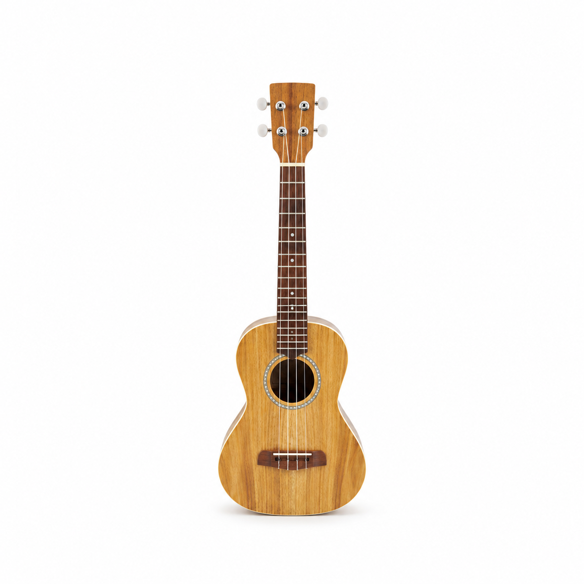 Ukulele full front view showing complete headstock and tuning pegs
