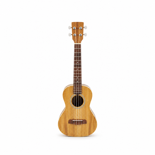 Ukulele full front view showing complete headstock and tuning pegs