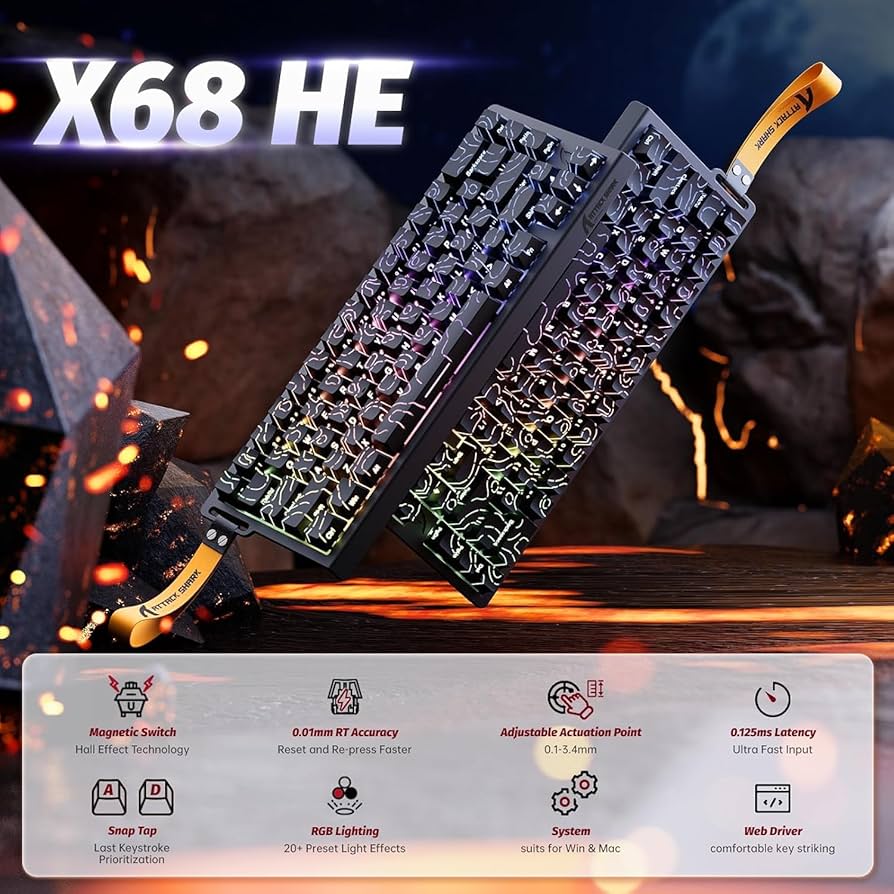 ATTACK SHARK X68HE RT Mechanical Gaming Keyboard 60% Wired TKL - Black Contour