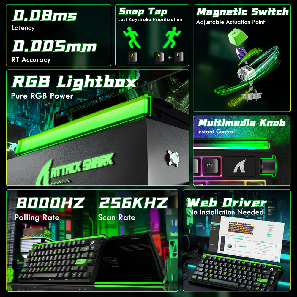 ATTACK SHARK R85 HE Rapid Trigger Gaming Keyboard Magnetic Switch with Custom Lightbox - Black/Green