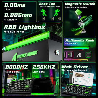 ATTACK SHARK R85 HE Rapid Trigger Gaming Keyboard Magnetic Switch with Custom Lightbox - Black/Green