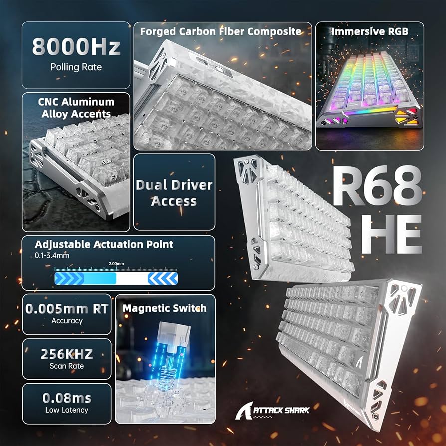 ATTACK SHARK R68HE 60% Wired RT 8K Mechanical RGB TKL Gaming Keyboard - Ice