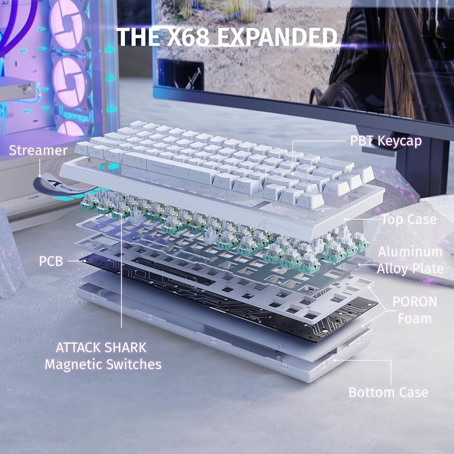 ATTACK SHARK X68HE RT Mechanical Gaming Keyboard 60% Wired TKL - White Contour