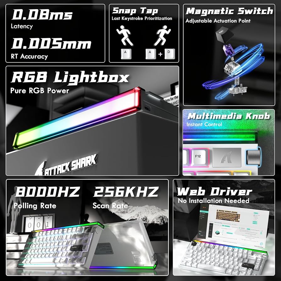 ATTACK SHARK R85 HE Rapid Trigger Gaming Keyboard Magnetic Switch with Custom Lightbox - Star White
