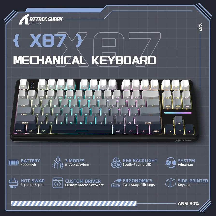 ATTACK SHARK X87 Wireless Tri-Mode Mechanical Gaming Keyboard - Black