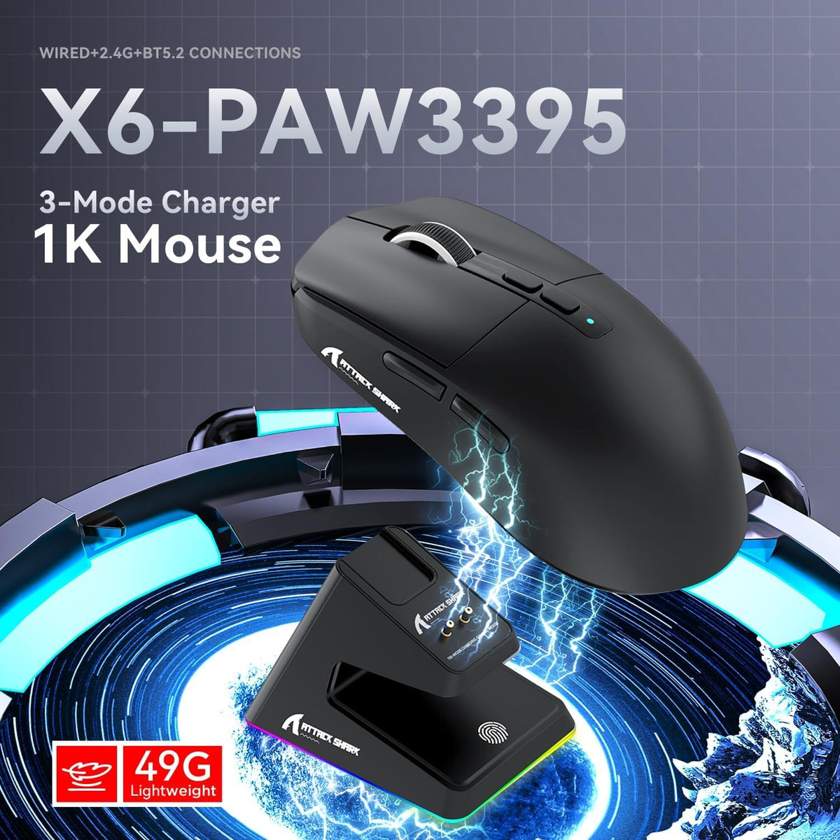 ATTACK SHARK X6 Lightweight Tri-Mode Wireless/Wired  Gaming Mouse with Charging Base - Black