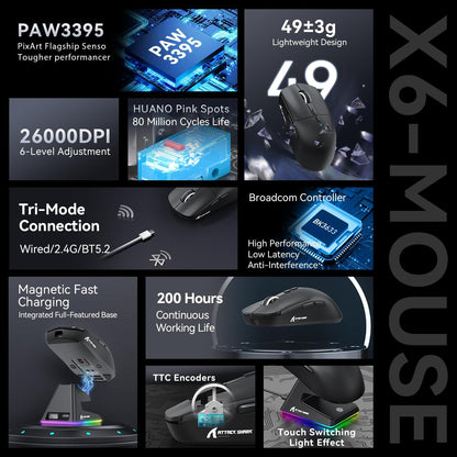 ATTACK SHARK X6 Lightweight Tri-Mode Wireless/Wired  Gaming Mouse with Charging Base - Black