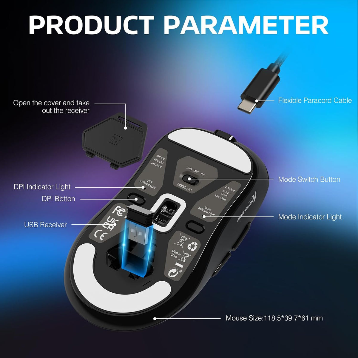 ATTACK SHARK X3 Lightweight Wireless Gaming Mouse with Tri-Mode 2.4G/USB-C Wired/Bluetooth