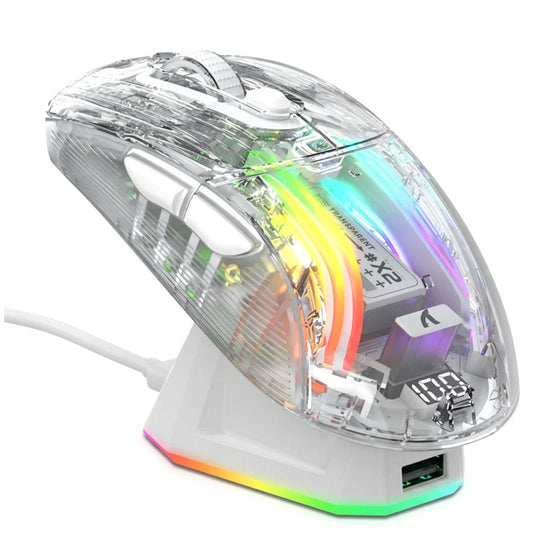 ATTACK SHARK X2 Pro Wireless Gaming Mouse with Charging Dock, Silent Bluetooth Mouse (Tri-Mode BT5.0/2.4G/Wired), RGB Ergonomic Mouse 4000DPI, Transparent Case, PC/Mac/Tablet - White