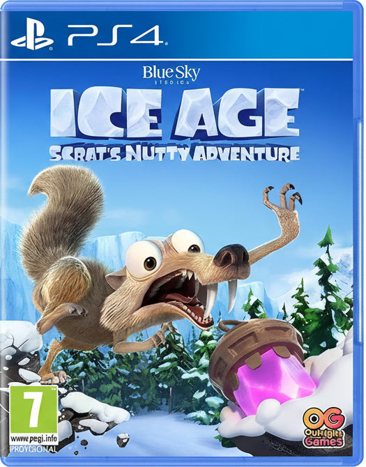 PS4 game cover for 'Ice Age: Scrats Nutty Adventure' with cartoon characters on a snowy background.