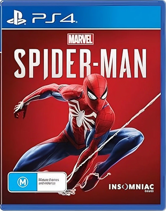 Marvel Spider-Man game for PS4 on a red background