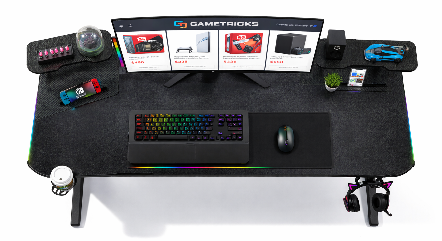 V7 Wing-Shaped Premium RGB Gaming Desk 160cm | Black Gaming Table With LED Lighting gametricks