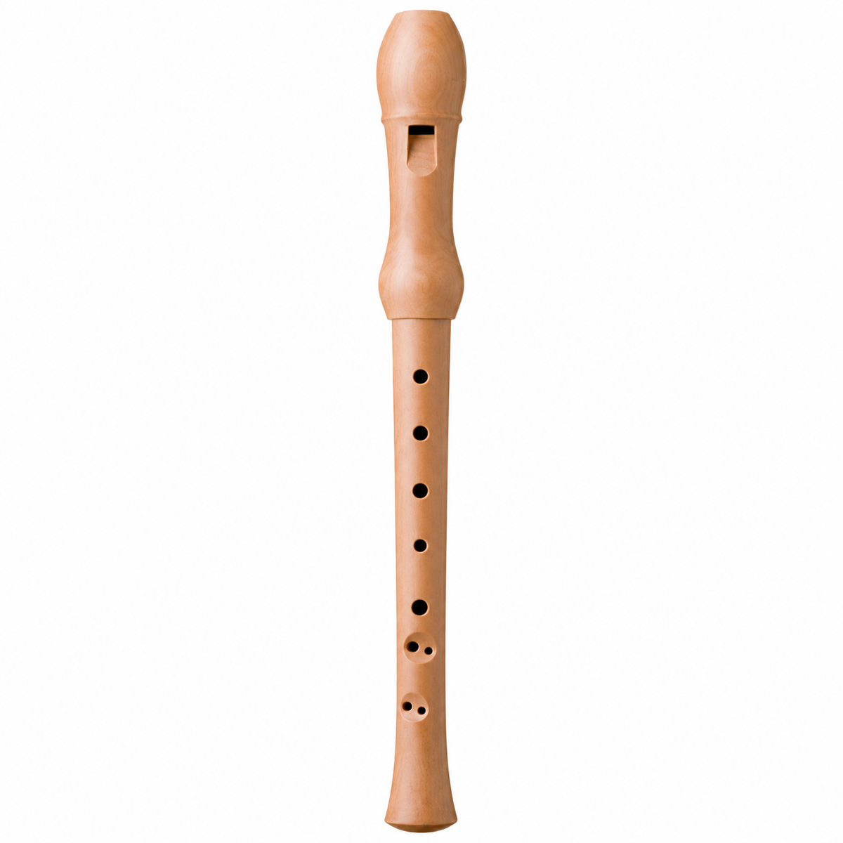 Natural wooden soprano recorder, front view on white background