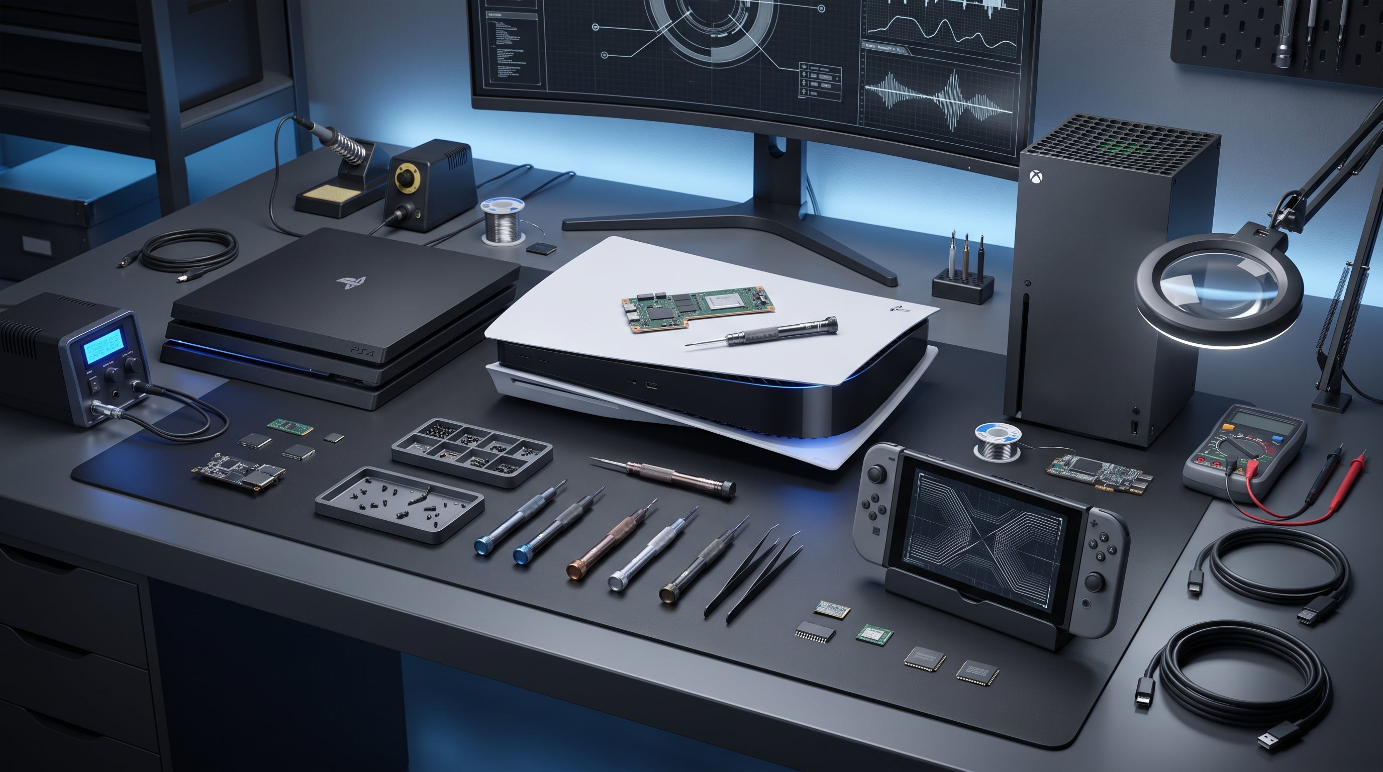 Console repair workbench with PlayStation, Xbox, Nintendo Switch and repair tools